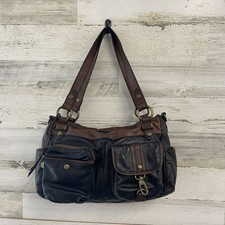 Y2K Fossil VTG Leather Satchel Black Brown Floral Lining Pockets Shoulder Bag picture
