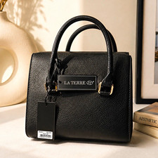 LA TERRE Black Pebbled Satchel Top Handle Bag Gold Hardware Zip w/ Hang Tag picture