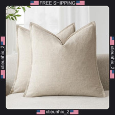 Linen Pillow Covers 24x24 Natural Beige Set of 2 for Living Room Bed Car picture