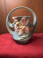 Vintage Roseville Clematis 387-7 Blue Basket Vase Art Pottery 1944 USA picture