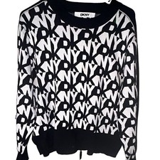 DKNY Women's Black/White Logo Knit Crew Neck Long Sleeve Pullover Sweater M picture