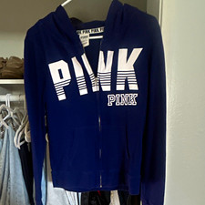 PINK Women's XS Blue Full Zip Fleece Hoodie Logo Graphic Hooded Pockets picture