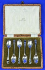 ANTIQUE 1870 WALKER & HALL STERLING SILVER DEMITASSE SPOONS (6) IN CASE - 39.8G picture