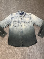 GUESS Los Angeles Ombre Denim Western Snap Shirt Mens L Slim Fit Blue Cotton picture