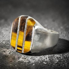 VTG JQM Moreno Mexico 925 Sterling Silver Modernist Tigers Eye Inlay Ring 11 picture