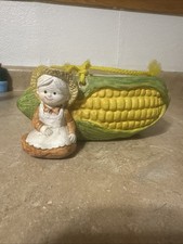VTG 1970s Enesco Ceramic Corn on the Cob Hanging Planter with Farm Girl Figurine picture