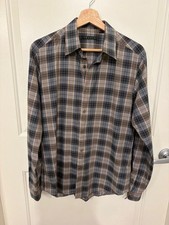 Theory Sylvain Huffer Men’s M Plaid Cotton Button-Up Shirt Brown Gray picture