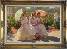 Hand Painted Oil Painting Three Victorian Ladies with Parasols Rose Garden 24X36 picture