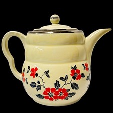 Vintage Hall China Poppy Teapot Cream Red Floral Silver Trim Beehive Art Deco * picture