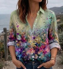 Vintage Abstract Paint Linen Look Shirt Retro Splatter Color Women Fit DUTY PAID picture