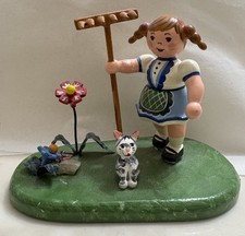 Hubrig Volkskunst Little Gardener Girl & Cat Wood Figurines Erzgebirge Germany picture