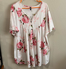 Allegrace Floral Tunic Top Womens 3X Pink Rose Babydoll Pleated VNeck Soft Flowy picture