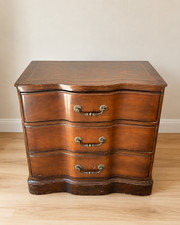 Vintage Serpentine 3-Drawer Chest / Nightstand Ornate Wood Brass Leather Inset picture