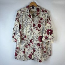 Roaman's Tunic Top Women 22W Cream Burgundy Floral Paisley 3/4 Sleeve Button Up picture