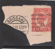 (F53-58) 1897 AU Queensland 1d red QVIC on piece (BH)  picture