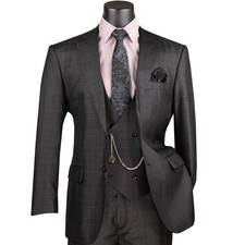 VINCI Men's Black Sharkskin Glen Plaid 3pc Classic Fit Suit w/ Flex Waist - NEW picture