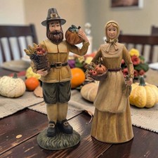 Thanksgiving Pilgrim Couple Figurines Harvest Details Autumn Decor picture