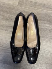 SALVATORE FERRAGAMO Women 9.5 AAA Black Buckle Low BlockHeel Leather Shoes Italy picture