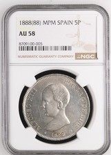 1888 Spain MPM Madrid 5 Pesetas NGC AU58 - Alfonso XIII Silver w/4K Video picture