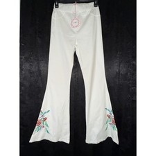 Umgee USA Womens White Floral Embroidered Flare Leg Pants Boho Retro R0131 Small picture