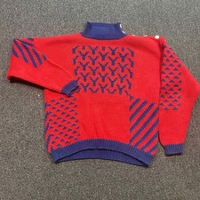Harolds Vintage Sweater Sz S Womens Red Blue Geometric Mock Neck Button Shoulder picture