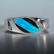 VTG Marked 950 Mexican Silver Genuine Natural Opal Inlay Modernist Ring Sz 7 picture