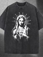 Men'S Vintage Catholic Icon T-Shirt - Guadalupe And Sacred Heart Design, Soft Wa picture