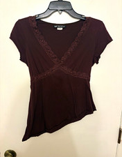 VTG Y2K Self Esteem Brown Lace Trim Asymmetrical Top Large Fairycore Coquette picture