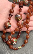 VTG Bird Butterfly Asian Cloisonne Carnelian Bead Hand Knotted Necklace 28” picture