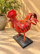 Red Metal Rooster Sculpture Rustic Distressed Chicken Farmhouse Tabletop Decor picture