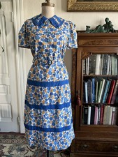 Vintage 1930s Blue Orange Floral Cotton Dress Belted Ruffle Collar Puff Sleeve S picture