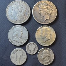 90% Silver (7 Coin Lot) Morgan Peace Dollars Franklin Kennedy Half Quarter Dime picture