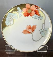 Antique Coiffe Limoges France Nasturtium Plates Pair Hand Painted Gold Raised 6