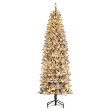 6FT 7.5FT 9FT Pre Lit Pencil Christmas Tree Snow Flocked Slim Tree with Lights picture