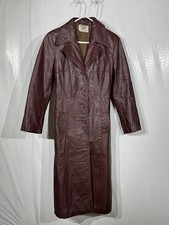 VTG 1970s Kim's Union Sample Leather Trench Coat Burgundy Long Jacket Women's picture