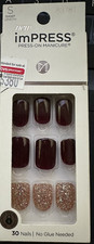 Kiss Impress Nails Gel Glue/Press on Short Deep Red Gold Glitter accent Gloss picture