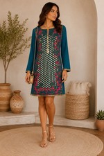 Khaadi Khaas Women's Blue Embroidered Kurta Size 10 Floral Design Beaded Tassel picture