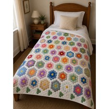 Vintage Grandmother's Flower Garden Hand Quilted Patchwork Quilt 84x69 Multi picture