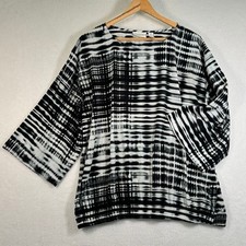 Chicos Black White Tie Dye Kimono Sleeve Bubble Hem Blouse Size 2 Large picture