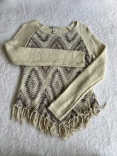 American Rag Cream White Aztec Print Fringed Hooded Knit Sweater Size Medium picture