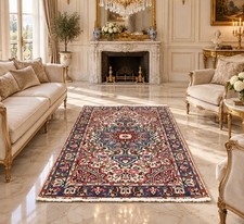 Persian Style Area Rug Ivory Blue Red Floral Medallion approximately 3 × 5 ft  picture