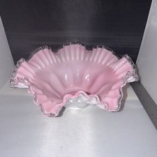 Vintage Fenton Peach Crest Pink White Ruffled Glass Brides Bowl Centerpiece picture