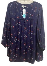 Skies Are Blue Curvy Women's NWT 1X Floral Navy V-Neck Floral 3/4 Sleeve Rayon picture