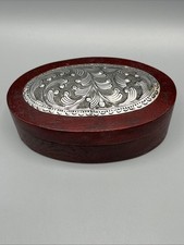 Vintage Oval Wood & Embossed Metal Trinket Box with Scolling Foliate Decoration picture