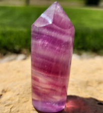 Round Purple Fluorite Tower Crystal Chakra Gemstone Point Reiki Polished picture