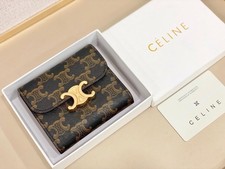 Celine Triomphe Small Wallet Black Canvas Leather Gold Real Photos picture