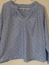 Croft Barrow Blouse Women’s Petite L Polka Dot Ruffle Collar Blue Long Sleeve picture