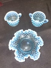 Vtg Fenton Blue Opalescent Hobnail Ruffled Candy Dish & Mini Cream & Sugar Set picture