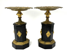 Antique Grand Tour 19th French Pair Gilt Bronze Tazzas  Octagonal Black Marble picture