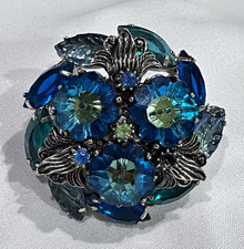 Vintage 60’s Blue & Teal Rhinestone Floral Brooch Large - Unsigned picture